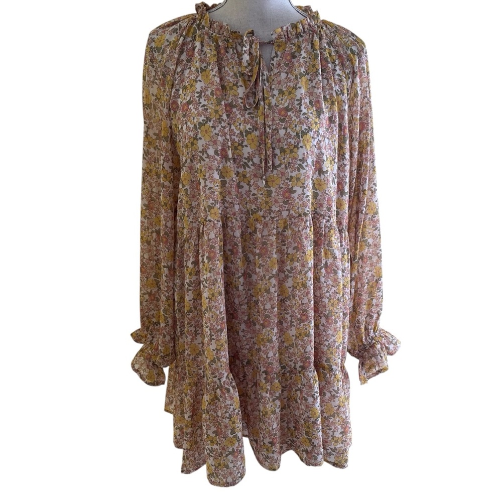 Dress Forum Yellow/Cream/Mauve Ditsy Floral Long Sleeve Babydoll Dress M